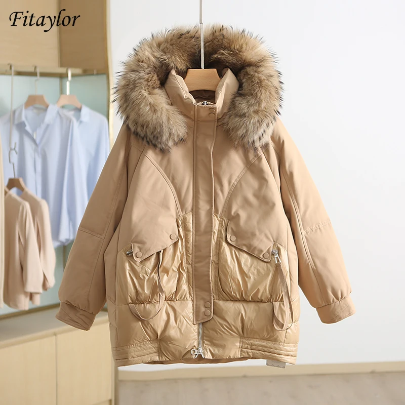 

Fitaylor Winter Large Natural Real Fur Collar Hooded Feather Jacket Women High-quality Down Coat Splicing Design Thick Outwear