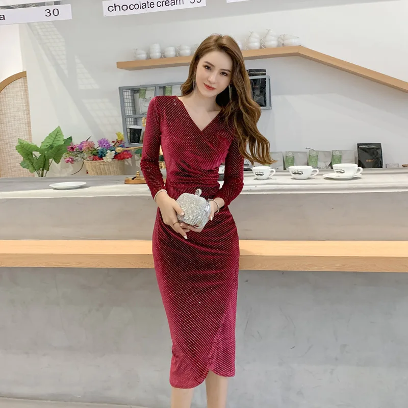 

2022 Speing High End Women V-Neck Long Sleeve Bandage Dress French Split Bodycon Velvet Dresses Package Hip Dresses Vestidos