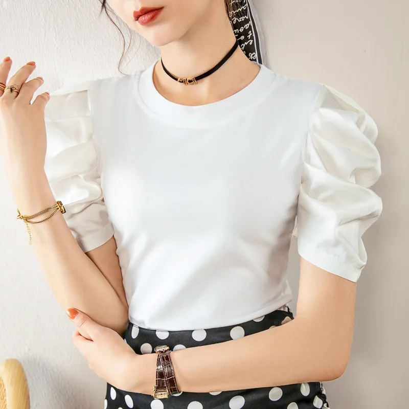 

2021 summer dress T - shirt female retro bubble sleeve temperament foreign style small shirt