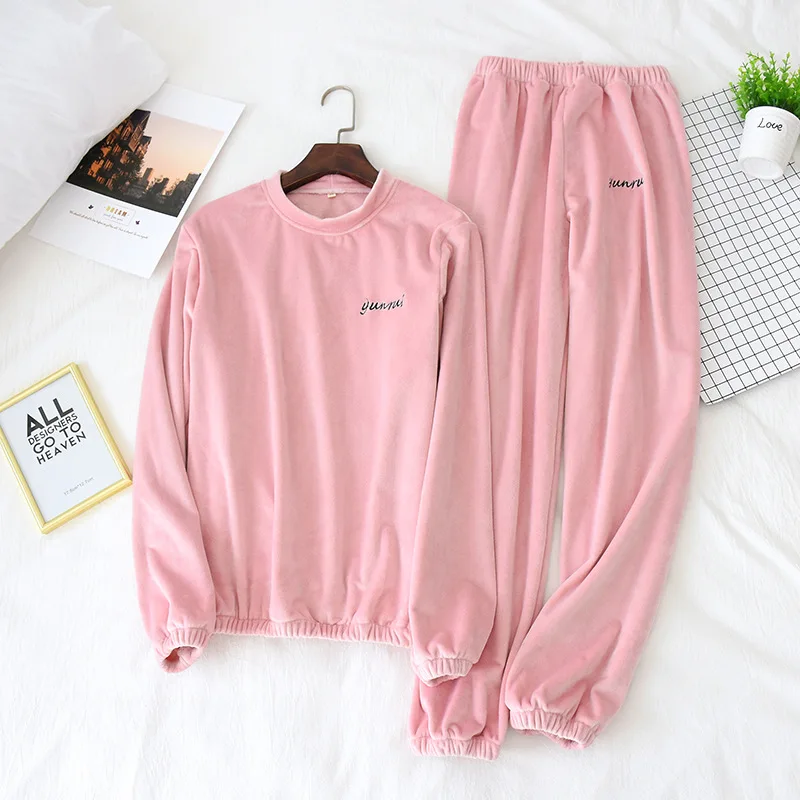 Women pink Новые зимние теплые парные пижамы, наборы, Женский пуловер, утолщенная фланелевая однотонная пижама с длинным рукавом, пижамы для женщин и мужчин - Цвет: Women pink