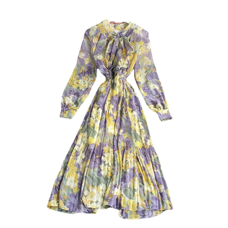 

FTLZZ Spring Autumn Women Holiday Style Print Bow V-neck Dresses Vintage Loose Long Sleeve High Waist A-line Pleated Dresses