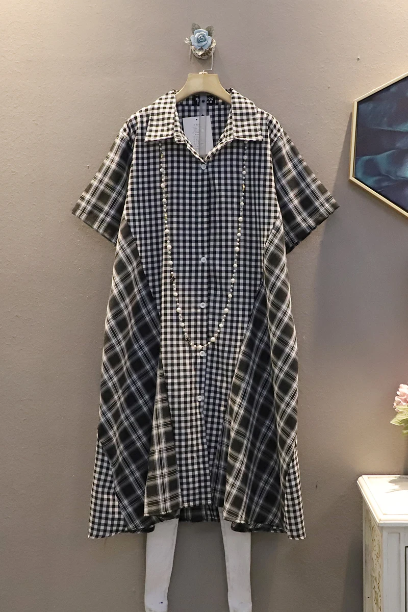 

SuperAen Summer 2021 New Korean Casual Lapel Plaid Loose Plus Size Short Sleeve Patchwork Long Dresses for Women