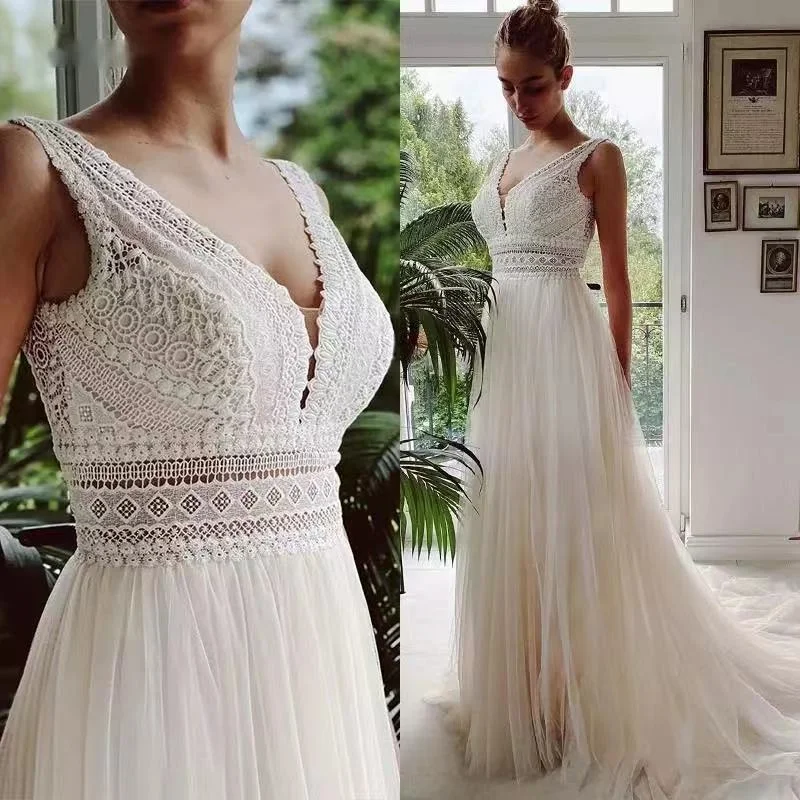 

Bohemian Wedding Dress 2021 V-neck Beach Lace Wedding Dress Fashion Tulle
