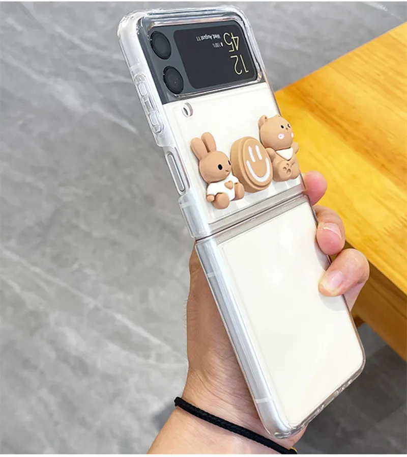 korea cartoon bear phone cases for samsung galaxy z flip3 5g f7110 transparent portable shell for galaxy zflip3 zflip 4g 5g etui free global shipping