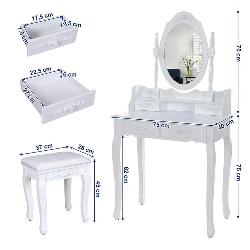 

White Coiffeuse Avec Miroir 4 Tiroirs 1 Tabouret Et 2 Parois 75 X 40 X 145 Cm Table De Maquillage Blanche Bedroom Furniture HWC