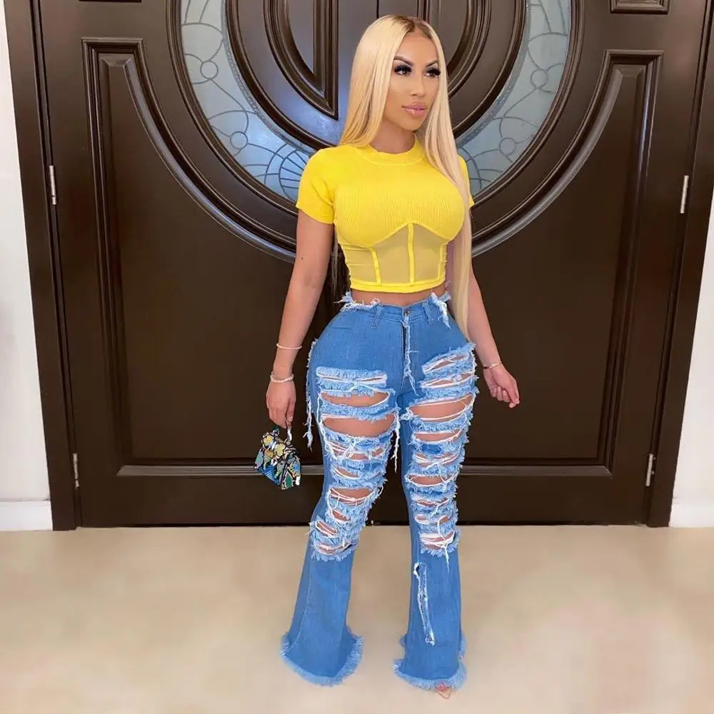 

Wide leg Ripped personality street trend horn bell bottom denim pants jeans women