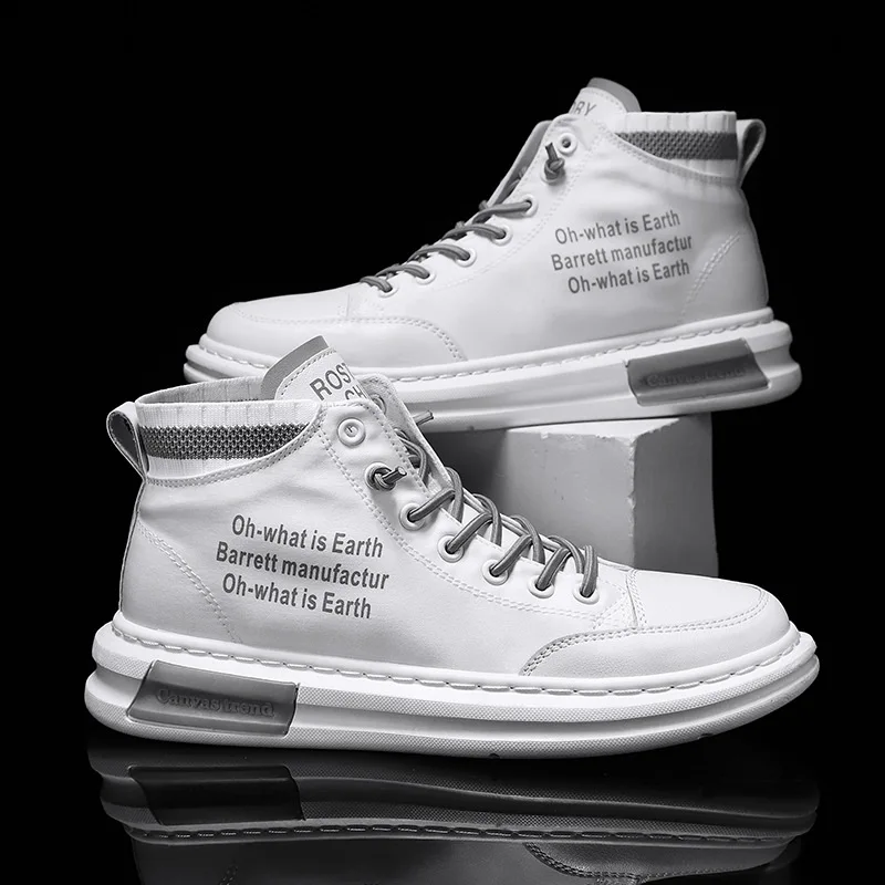 Мужские высокие кроссовки из ПУ кожи белые спортивные новинка весны 2021 | Обувь