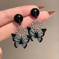 s925 silver needle korean dark black niche design butterfly net red high cold wind simple temperament wild earrings female