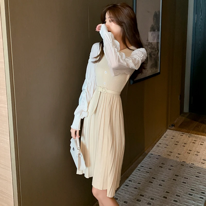 COIGARSAM лоскутное женское цельнокроеное платье корейские новые вязаные платья с