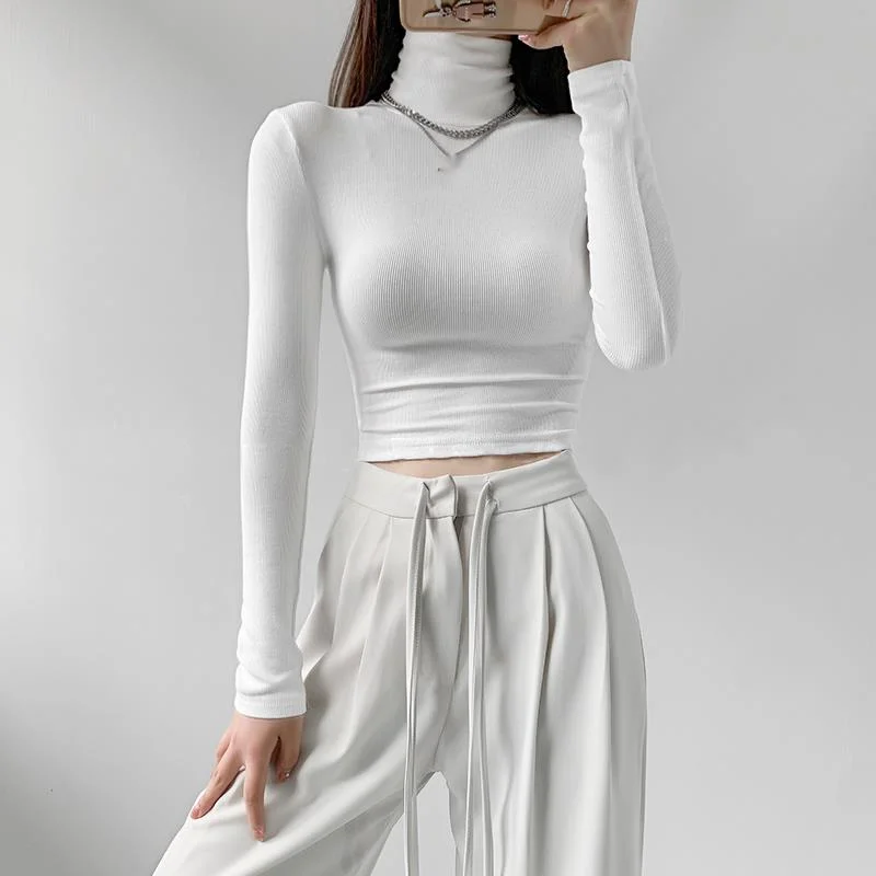

WOMENGAGA Women High Neck Long Sleeved Crop Top Roll Neck Jersey Top GQS7