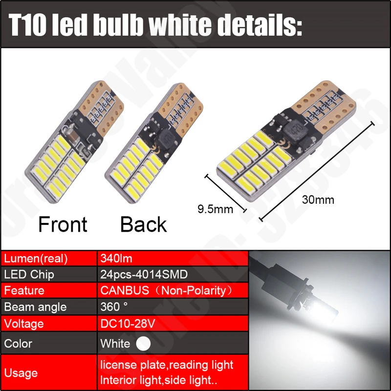 10 шт. T10 без электрода W5W 24 светодиода 194 501 Авто 4014 SMD Canbus ошибок автомобильные