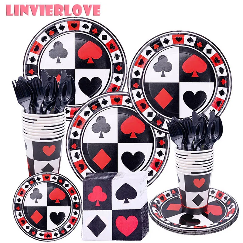 LINVIERLOVE 1et черный красный покер вечерние одноразовые тарелки салфетки для