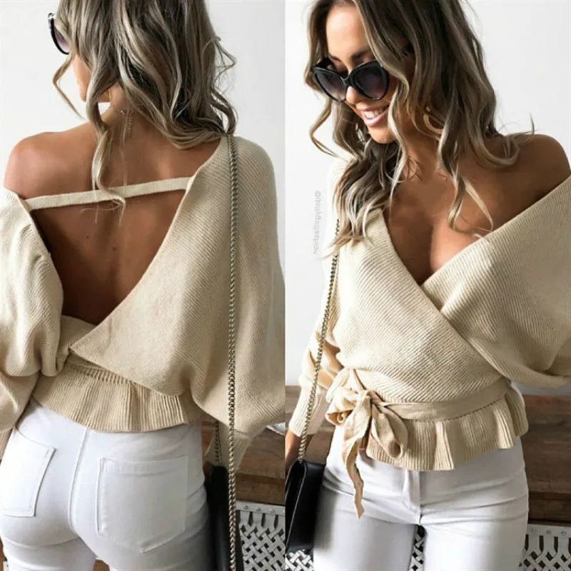 Весенний элегантный свитер с v-образным вырезом и оборками для женщин
