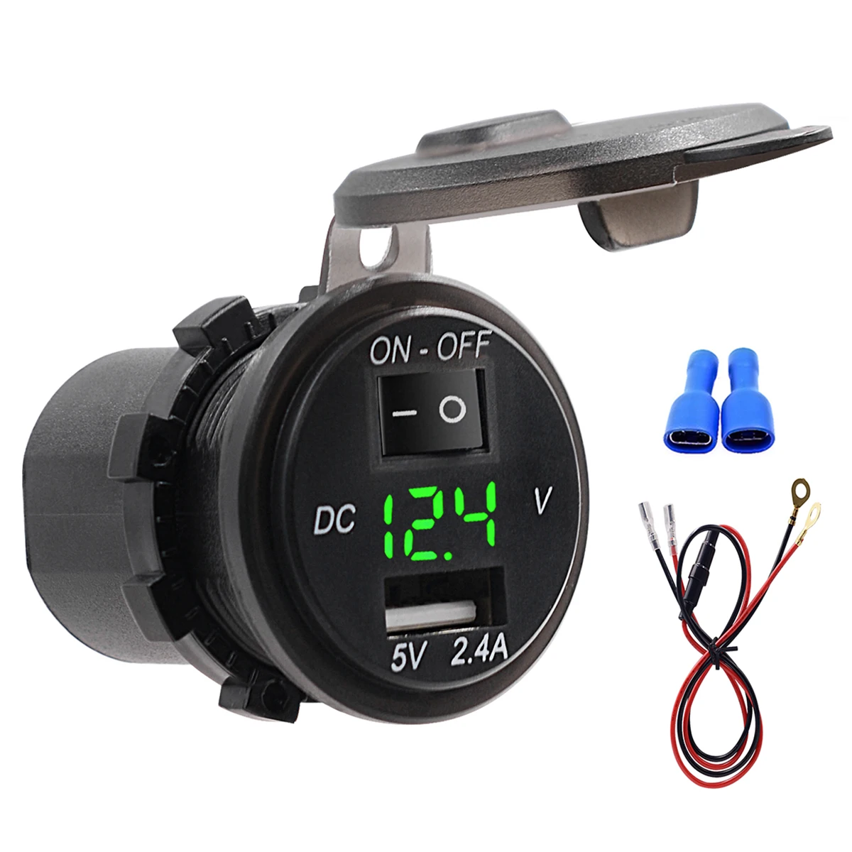 

12-24V Car Motorcycle Waterproof USB Charger Voltmeter with 60cm Cable (Green Display)