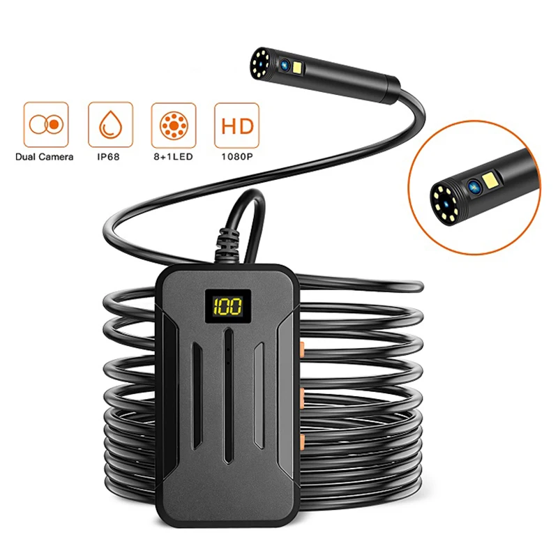 

8MM/5.5MM Dual Lens Camera WIFI Endoscope HD1080P Rigid Cable 9 LEDs IP68 Waterproof Borescope For Car With 2600 mAh Battery
