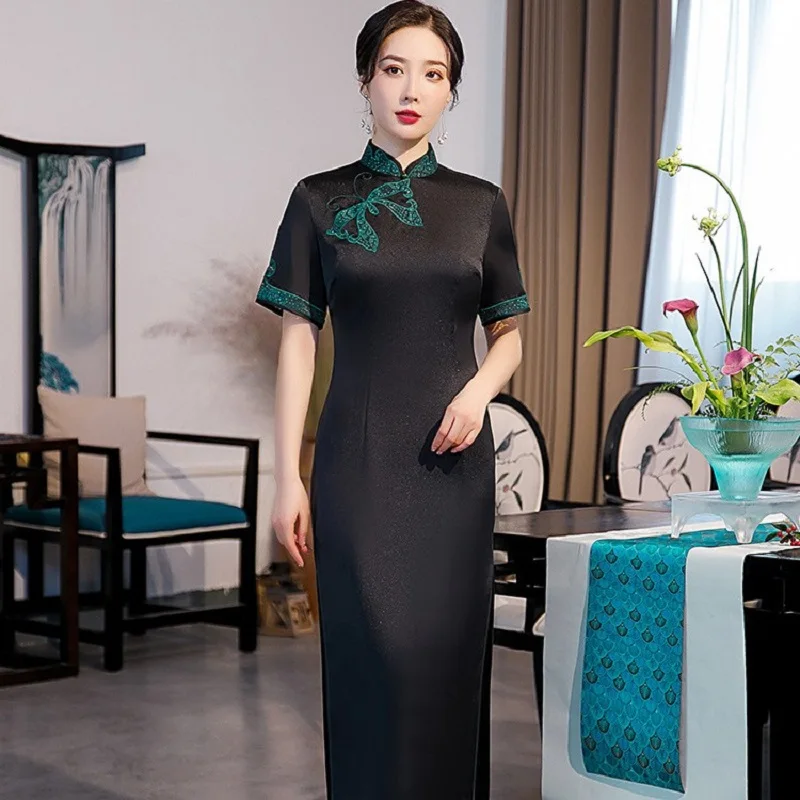 

Женское атласное платье-Ципао, винтажное праздничное платье с вышивкой в китайском традиционном стиле, пикантное облегающее платье со стра...