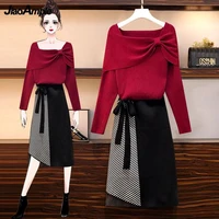 autumn winter dress suit 2021 new vintage bow knot sweater midi skirt two piece women elegant slim sexy crop top skirts set