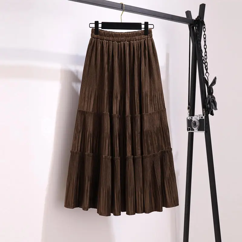 

Vintage High Waist Skirts Womens Solid Long Pleated Skirts Elegant Saia Mujer Faldas Elastic Streetwear New Ladies Skirts Q3060