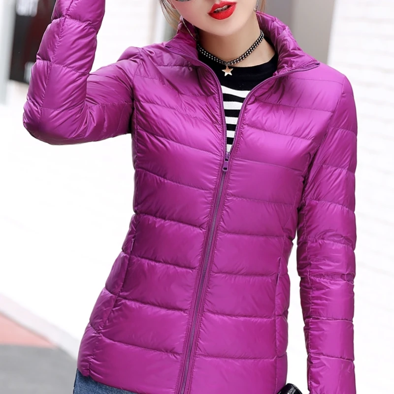 Женский пуховик с длинным рукавом на молнии воротником стойкой|Женские пуховики|