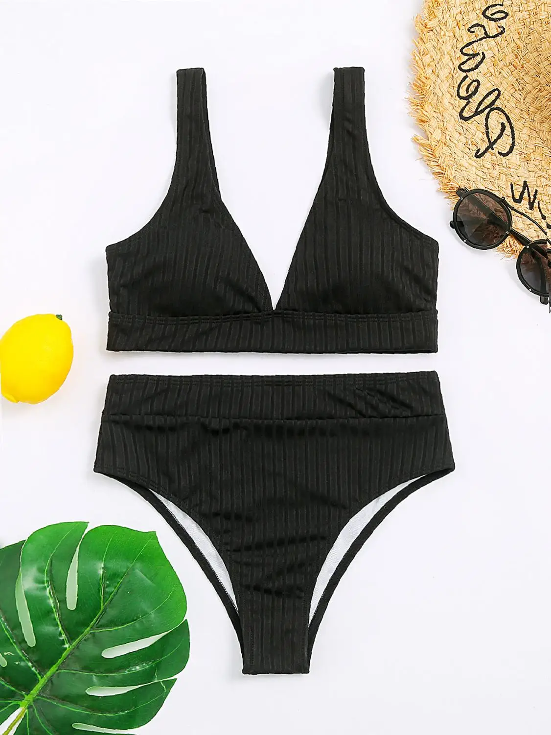 

Sexy Solid Ribbed Bikinis 2021 Mujer High Waist Swimsuit Women V Neck Swimwear Female Sport Bathing Suit Stripe Biquini