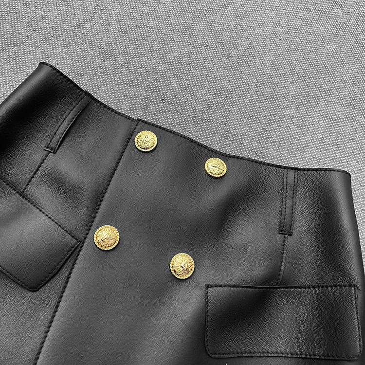 2021 Spring wome's high quality genuine leather shorts chic double-breasted leather pantskirt C555