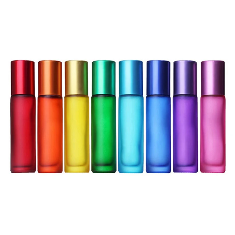 50Pcs 10ml Portable Frosted Colorful Thick Glass Roller Essential Oil Perfume Bottles Travel Refillable Rollerball Bottle