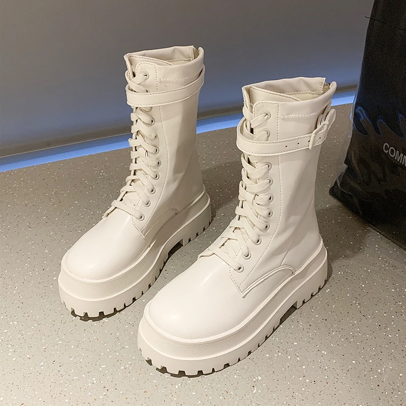 

Ботинки кожаные на толстой подошве, с круглым носком, Осень-зима