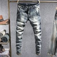 european vintage fashion men jeans retro elastic slim fit ripped jeans men streetwear distressed designer casual denim pants
