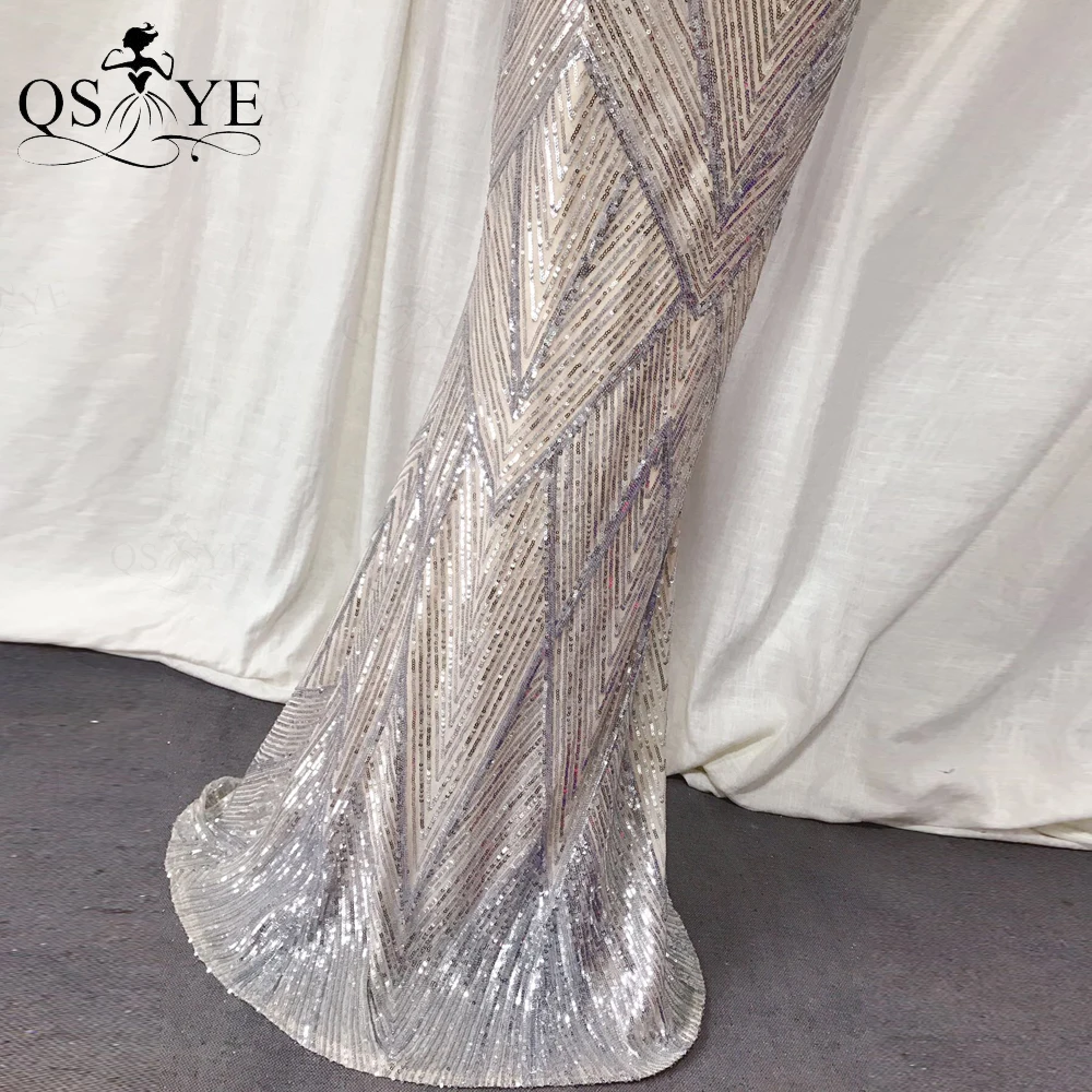 

QSYYE Glitter Silver Mermaid Prom Dresses Long Shiny Evening Dresses Beadings Pattern Sequin Lace Halter Neck Prom Dress Newest