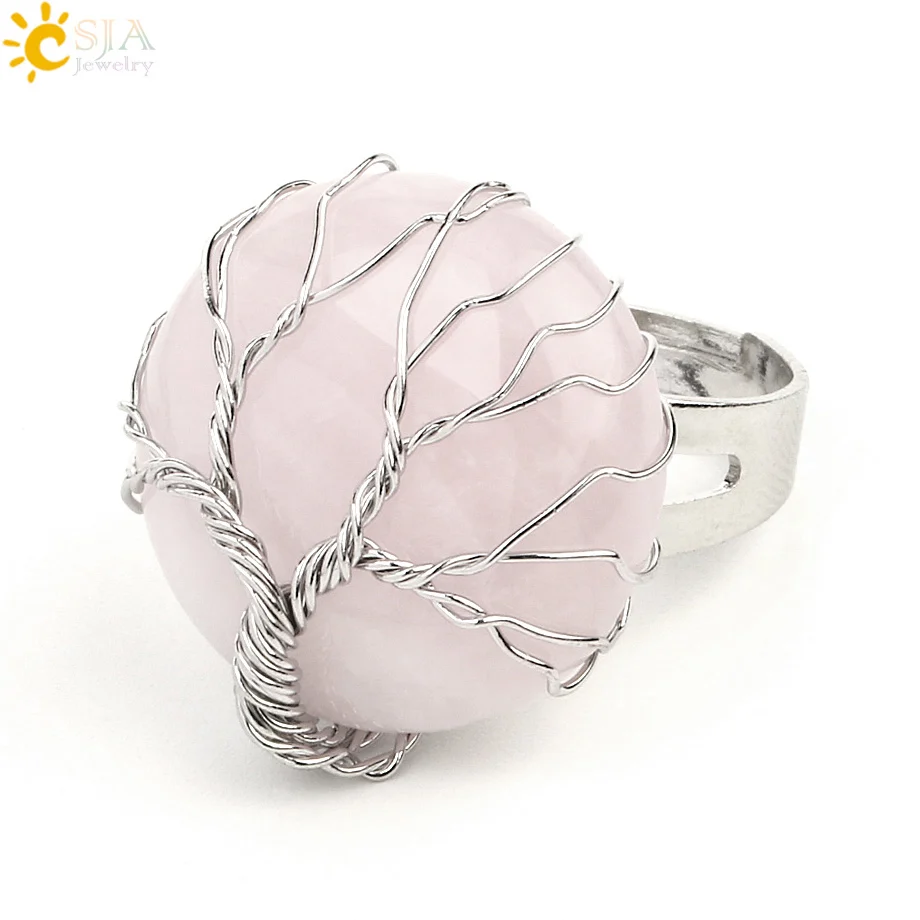 Rose Quartz CSJA Натуральный камень круглый кабошон кольцо серебро Цвет рейки "Древо жизни" проволочный Обёрточная бумага перстни Размеры размер можно регулировать для Для женщин Для мужчин G241 - Цвет основного камня: Rose Quartz
