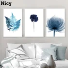 Акварельные голубые растительные листья, плакат, минималистичные скандинавские цветы, растения, Картина на холсте, настенные картины для декора гостиной