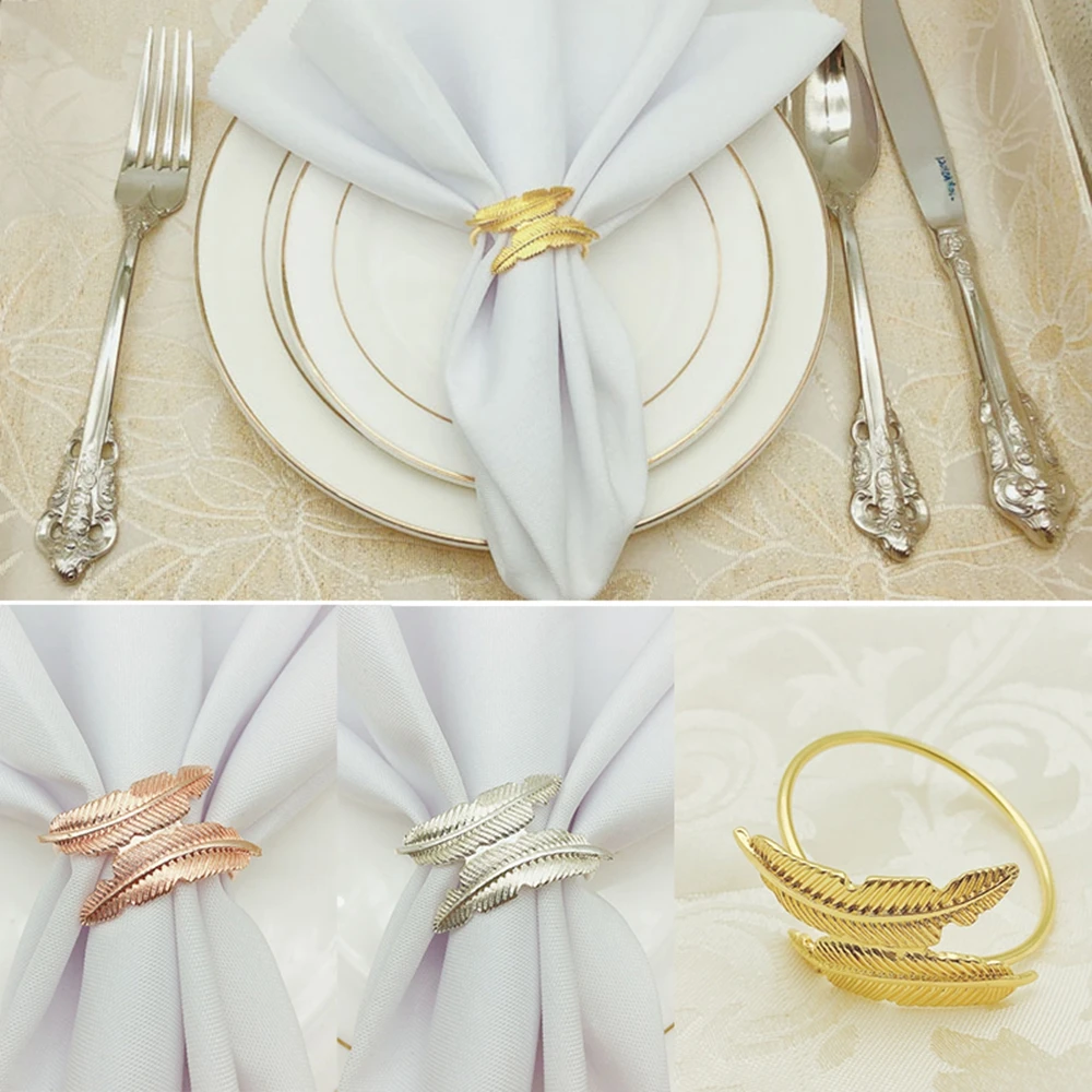 

5pcs Creative Alloy Silver Feather Leaf Napkin Buckle Western Restaurant Napkin Ring Plating Towel Buckle Hotel Table Decora=