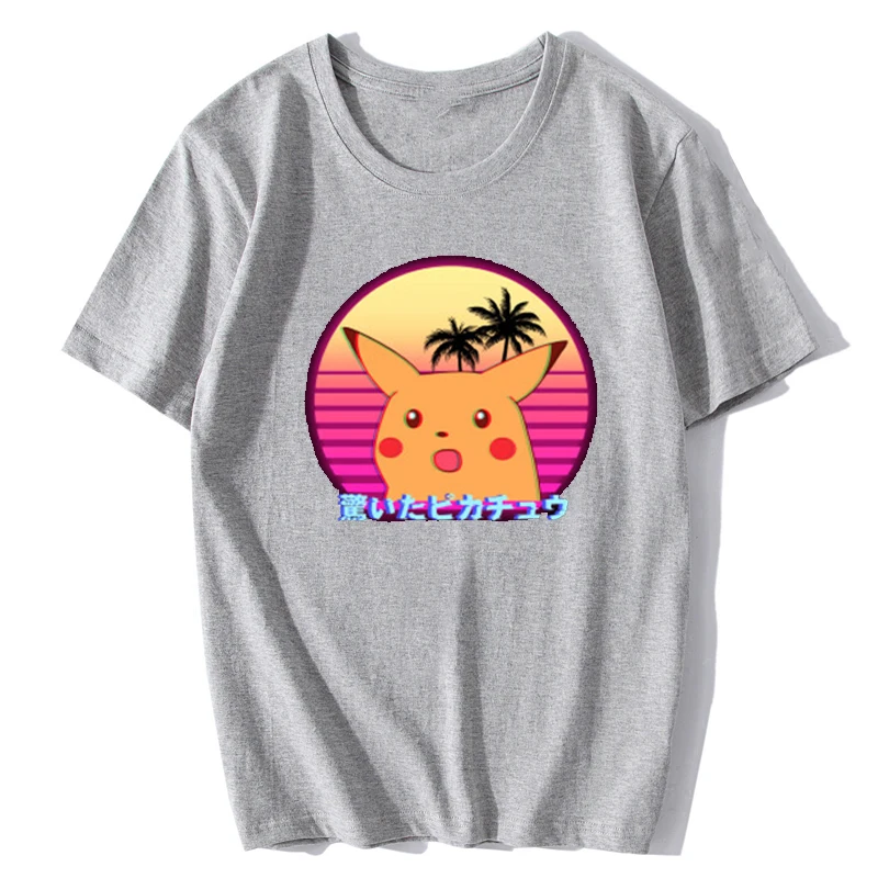 Удивленная Пикачу Vaporwave японская Хлопковая мужская крутая Аниме Покемон футболка Эстетическая Harajuku уличная одежда Camisetas Hombre - Цвет: GY