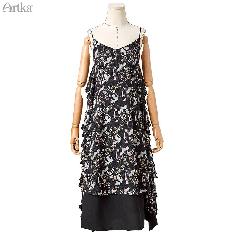 

ARTKA 2020 Spring Summer New Women Dress Vintage Black Floral Dress Long Ruffles Strap Dresses Sleeveless Chiffon Dress LA25109X