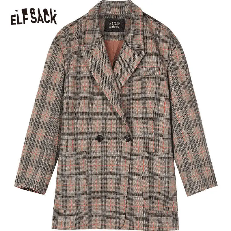 

ELFSACK Duck Plaid Embroidery Single Breasted Straight Wool Coats Women,2020 Autumn ELF Cartoon Casual Ladies Warmness Outwear