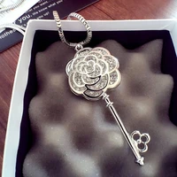 rose flower key pendant long necklace women korean luxury jewelry collier femalel collana colar necklace