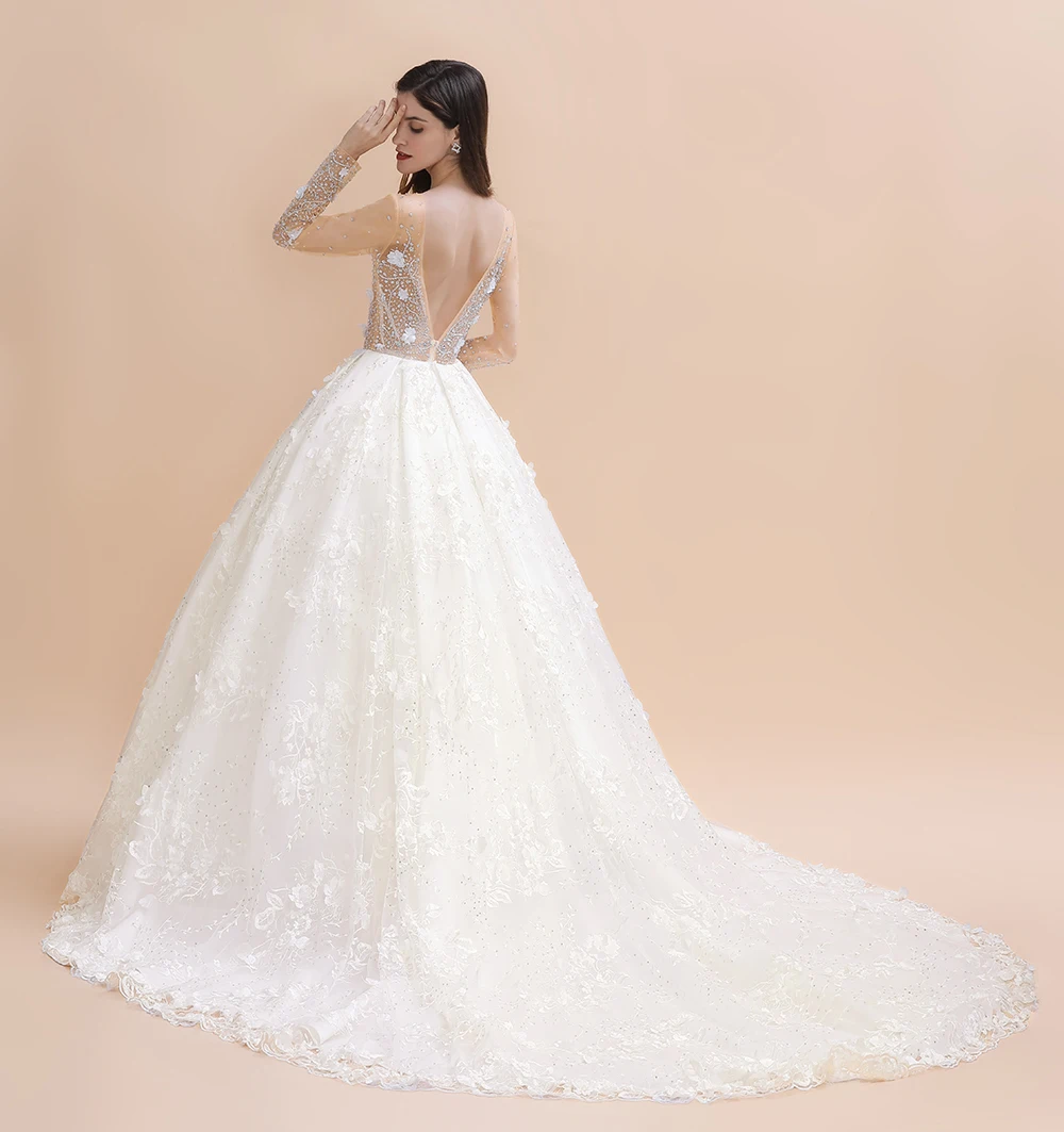 New Arrival Long Sleeve Applique Backless Long Train Ivory Wedding Gowns Beading Open Back 3D Flower Vestido De Novia
