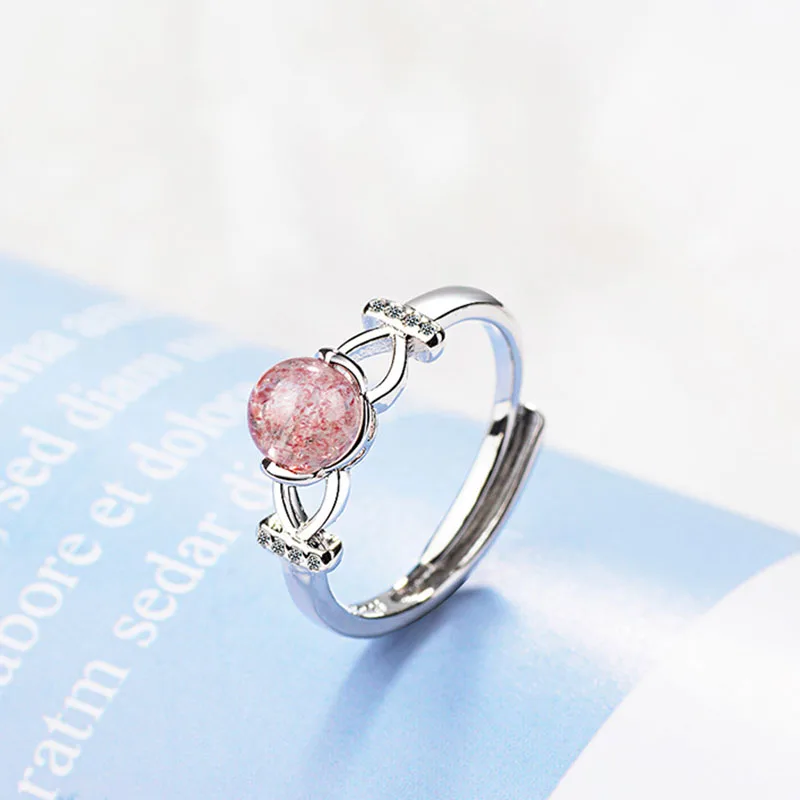 MEETSOFT 925 Silver Opening Ring For Women Simple Adjustable Strawberry Quartz Circle Crystal Jewelry Gift | Украшения и
