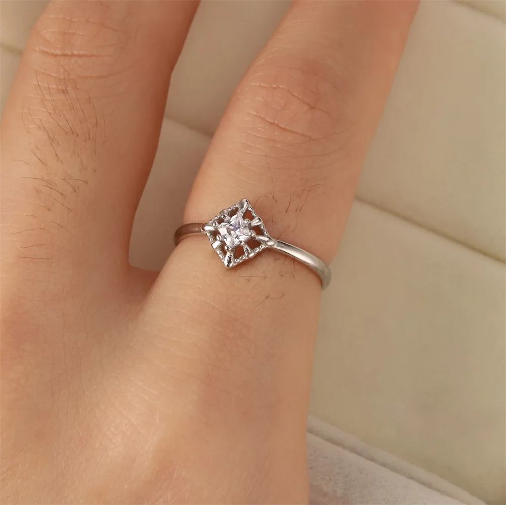 

Wish Hot New 14K White Gold Inlaid Princess Square Diamond Japanese Retro Diamond Ring Cross-Border Explosive Jewelry Gift