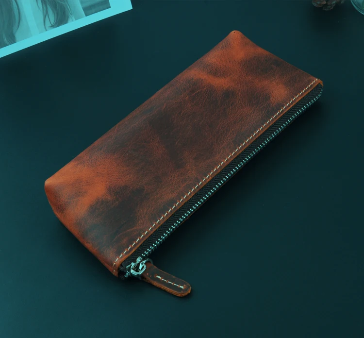 Super Large Capacity Cowhide Pen Bag Handmade Leather Zipper Pen Cover Stationery Holder, Pencil Case