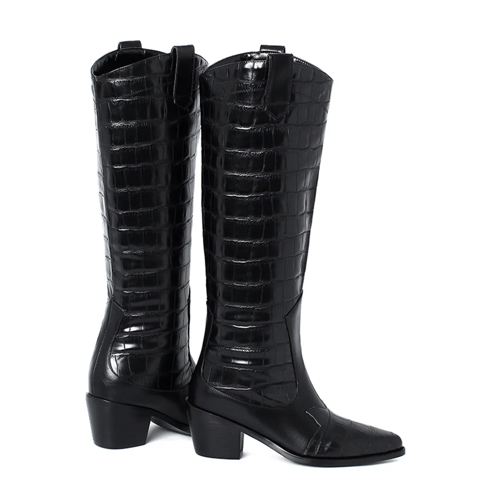 

Aiyoway 2021 New Pointed Toe Motorcycle Knee High Boots Women Square Heels Sexy Nightclub Slip On Party Shoes Plus Size 33-42