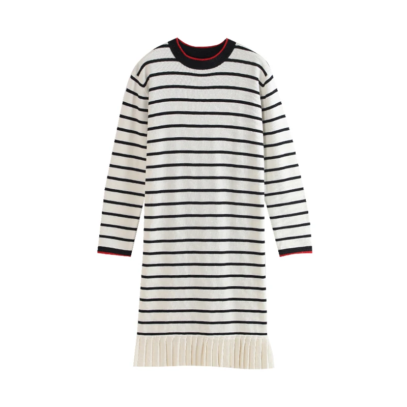 

Toyouth Spring Dresses Casual Striped Long Sleeve Women Dress Black White Patchwork Midi Pleated Dresses
