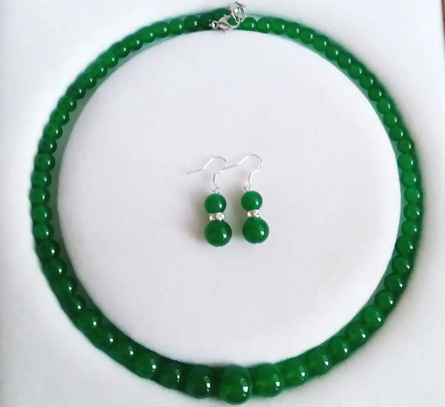 

6-14mm Natural Green jade Round Beads Necklace Earrings Jewelry Set 18" AAA+