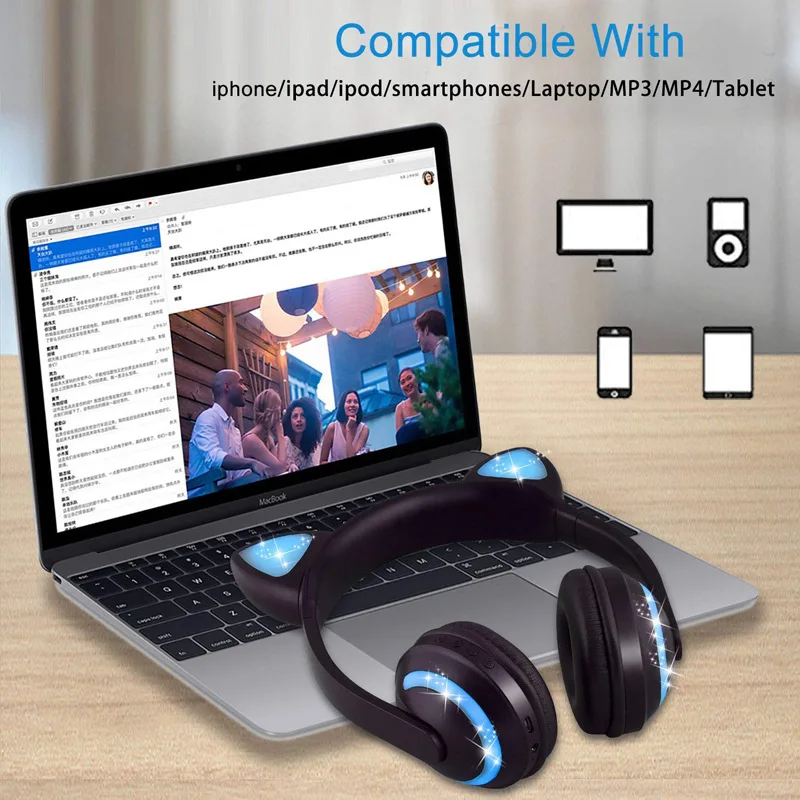 ZW-19 Bluetooth наушники светодиодный светильник кошачьи уши гарнитура беспроводные наушники HIFI стерео бас наушники для телефонов с микрофоном