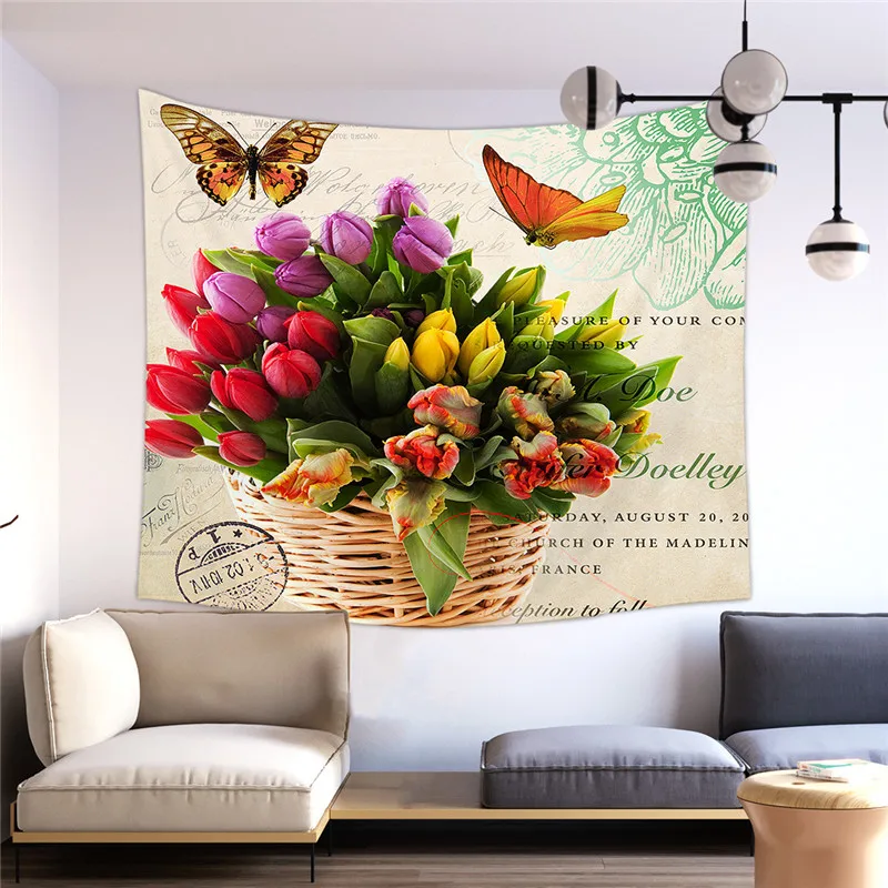 

Flower Tapestry Mandala Wall Hanging Tapestry Bohemian Pink Plant Living Room Decor Beach Mat for Traval Camping