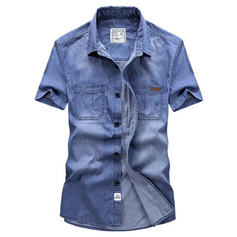 

2021 Men Spring Summer Denim Thin Shirt Short Sleeve Soft Cotton Two Pockets Slim Slight Elastic Jeans Cowboy Shirt Clothing 4XL