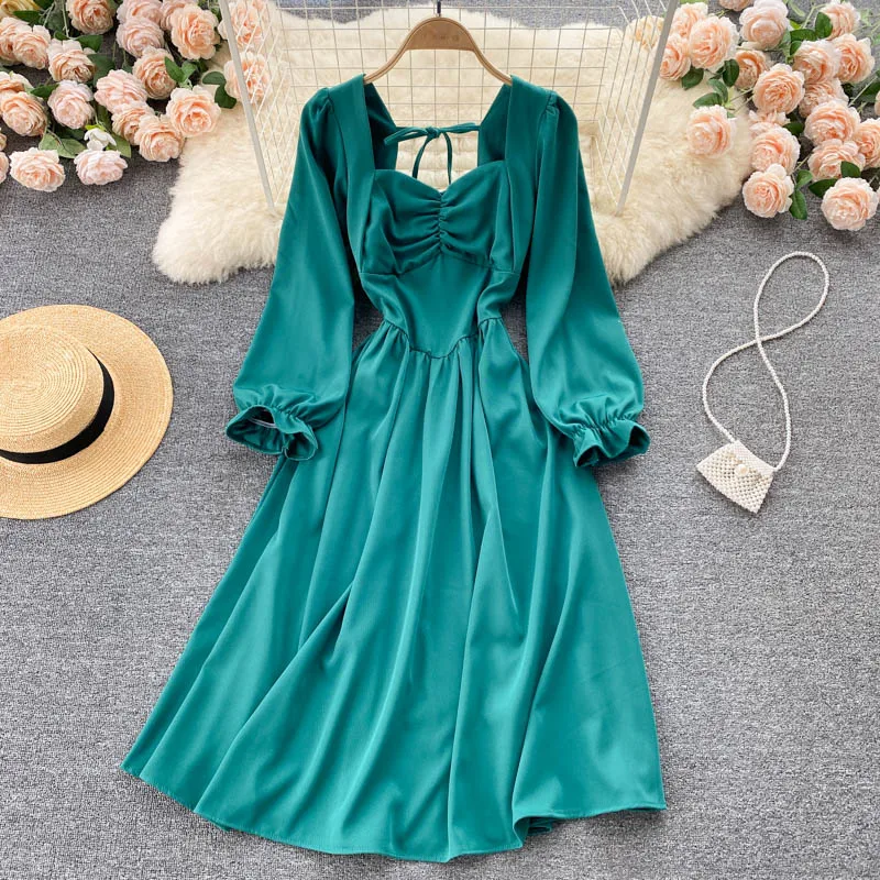 

Elegant French Women Dress Elastic Ruched A-line Long Sleeve Dresses 2021 Autumn Fashion Korean Streetwear Midi Dress
