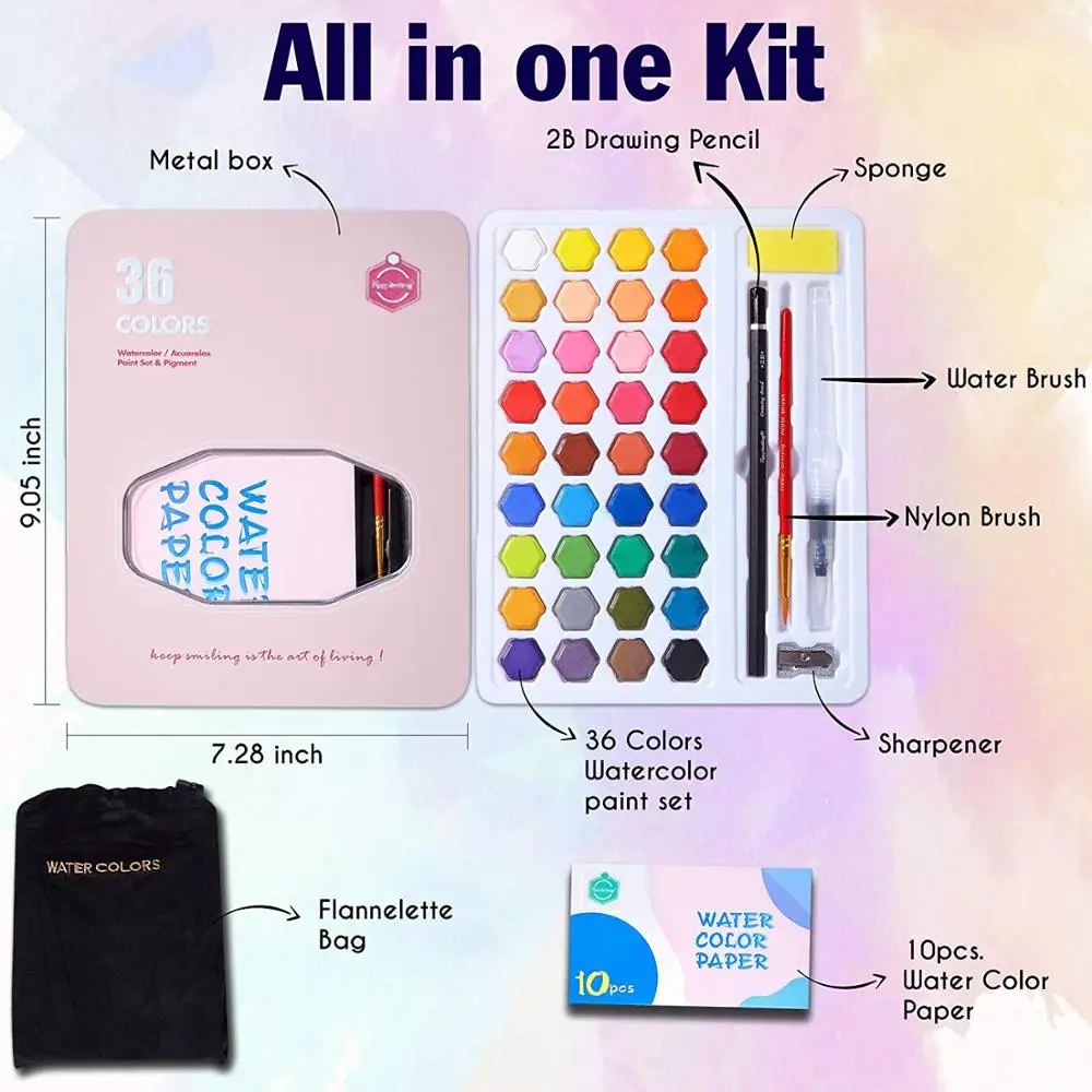 36 цветов сплошные акварельные краски в наборе с деревянной щёткой-столбиком