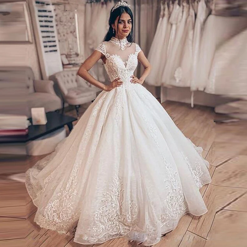 

Glamorous High Necklines Wedding Dresses Applique Lace A-line Long Dress Sweep Train Formal Bride Gown Party Vestidos de Noiva