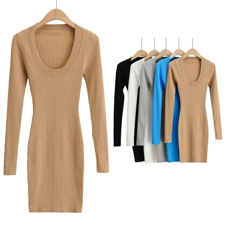 

Za 2021 women Sexy big U-neck design knitted long-sleeved dress spring autumn women's stretch slim fit hip skirt